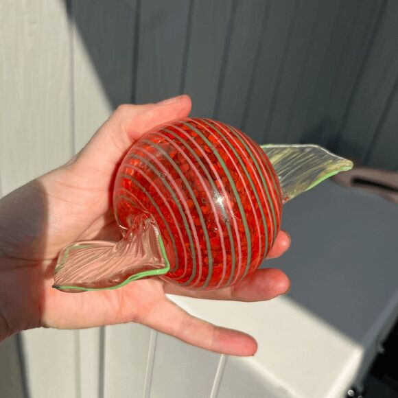 Vintage Murano Style Art Glass Candy Paperweight Red Striped 6" - Picture 1 of 8